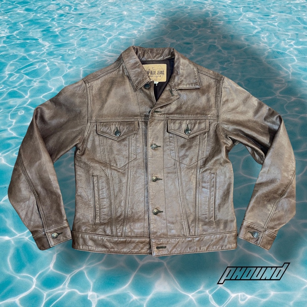 Vtg  Gap Blue Jeans World Standard Brown Leather Trucker Jacket Mens Small Rare